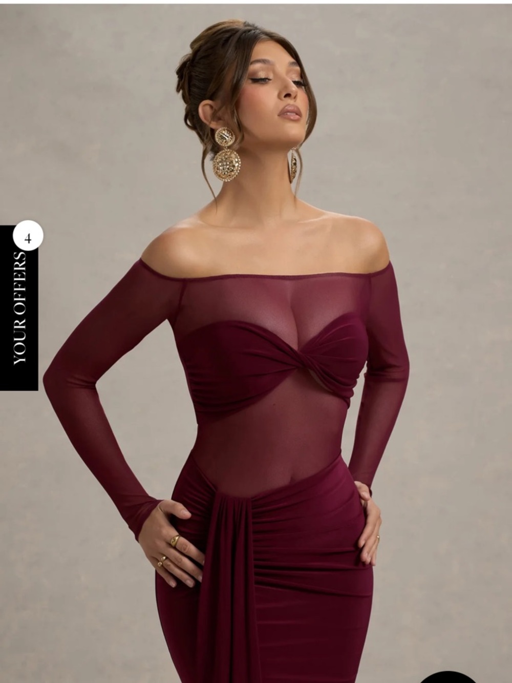 Off-Shoulder Burgundy Maxi Dress with Sheer Bodice